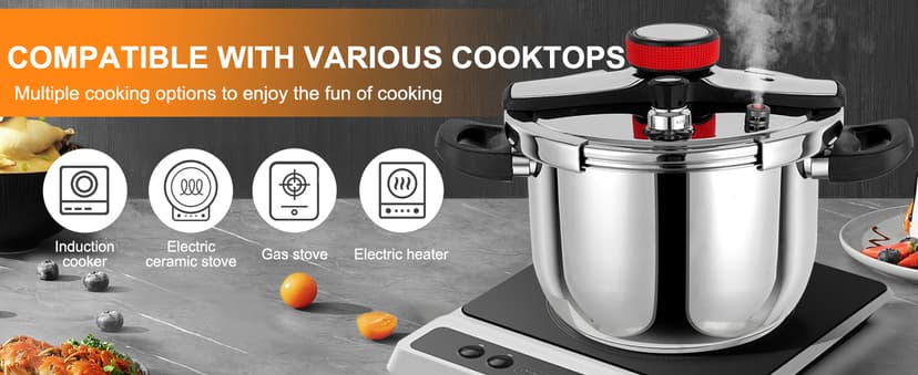 Pressure Cooker 10 QT, Stainess Steel Pressure Canner 10 Quart, Explosion-Proof Cookware, Rotating Lock/Unlock Lid, One-handed lid opening, Thickened Silicone Ring And Anti-scald Handle, Silver