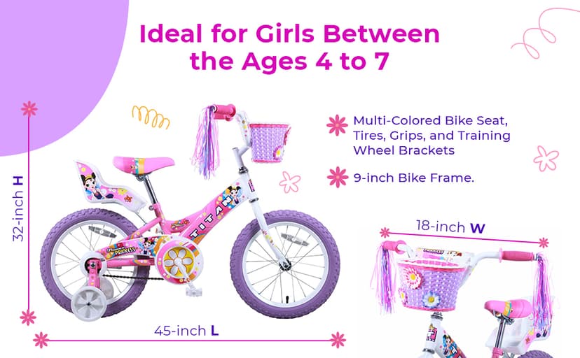 Titan Girls BMX Bike for Kids Ages 4-7, 16-Inch Wheels, 9-Inch Frame, Training Wheels, Toy Seat, Doll Basket, Streamers, First Bike, Princess Bicycle, Gift for Girls