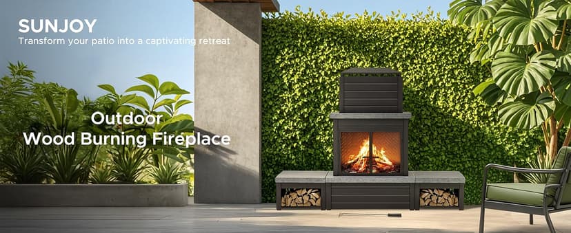 Sunjoy Outdoor Fireplace with Wood Storage and Chimney, Steel Metal Fire Pit with Mesh Spark Screen Door & Fire Poker, Fireplace Tool and PVC Cover, for Patio Garden Deck Backyard, Black
