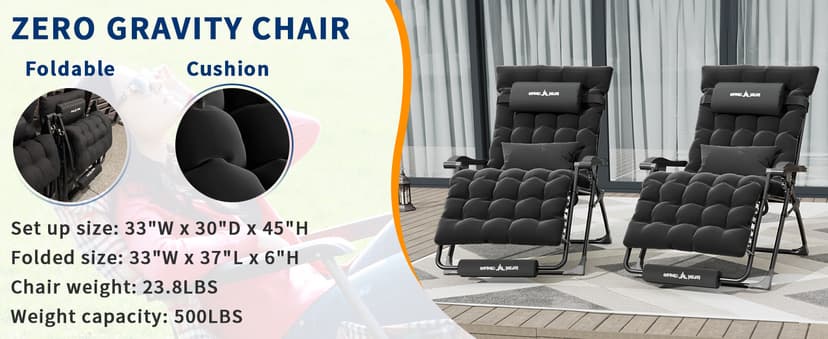 UDPATIO Oversized Zero Gravity Chair 33In XXL Patio Reclining Chair with Cushion, Outdoor Folding Recliner with Pillows|Cup Holder|Foot Rest|Padded Headrest, Black, Support 500LB