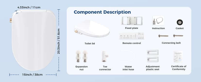 Bidet Toilet Seat, Electric Heated Toilet Seat Elongated with Instant Warm Water & Dryer, Rear and Feminine Washing, Self-Clean Nozzle, Slow Close Lid, Wireless Remote,Night Light