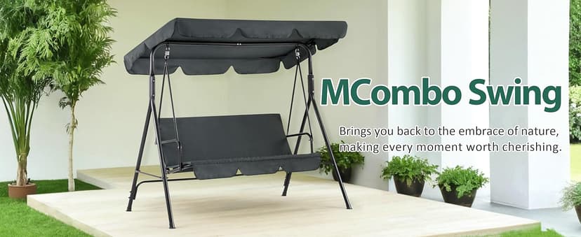 MCombo 2-3 Person Outdoor Patio Swing Chair, Convertible Canopy Hanging Swing Glider Lounge Chair, Removable Cushions, 4003 (Dark Gray)