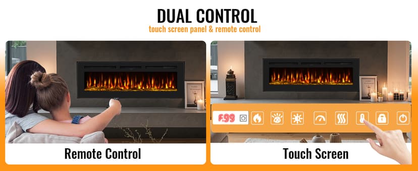 60 Inch Electric Fireplace in-Wall Recessed and Wall Mounted, Ultra-Thin Linear Fireplace Heater 750/1500W with Realistic Flame, Higher Temperatures & Lower Noise, Log Set & Crystal Options