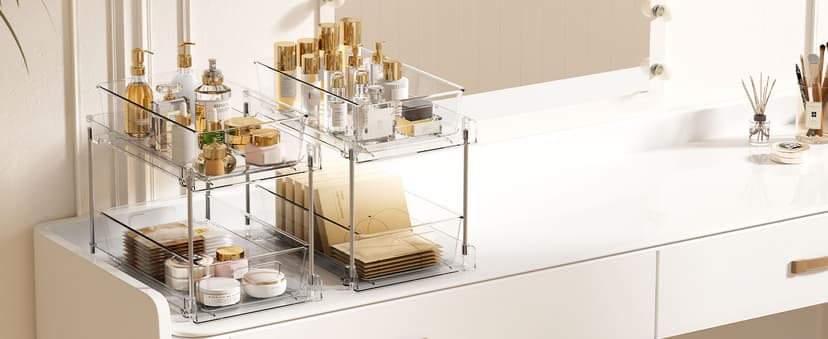 Vtopmart 4 Pack Bathroom Organizer, 2 Tier Clear Under Sink Organizers Vanity Countertop Storage Container,Cabinet Drawers Bins, Pull-Out Organization with Track for Pantry, Kitchen