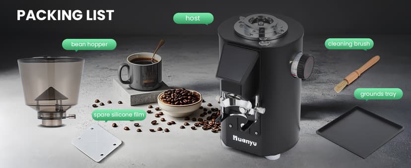 Huanyu Commercial Coffee Grinder with Touching Screen Infinite Adjustment 8 Grinding Settings Burr Coffee Grinders for Shops with Dual Dosing Modes