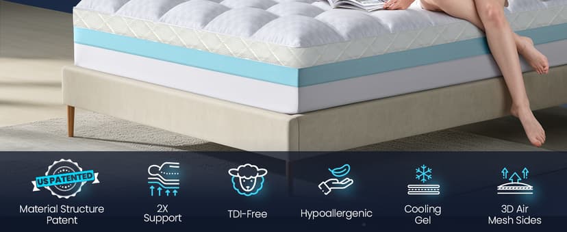 Dual Layer Memory Foam Mattress Topper for Pain Relief with 2X Support, 2" Fluffy Pillow Top Queen Mattress Topper Plus 2" Odor-Free Cooling Gel Memory Foam Ultra Comfort Mattress Pad Cover