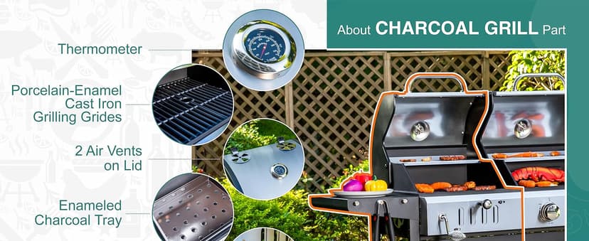 Captiva Designs Propane Gas Grill and Charcoal Grill Combo with Side Burner & Porcelain-Enameled Cast Iron Grate, Dual Fuel BBQ Grill for Outdoor Events & Backyard Barbecue, 690 SQIN Cooking Area
