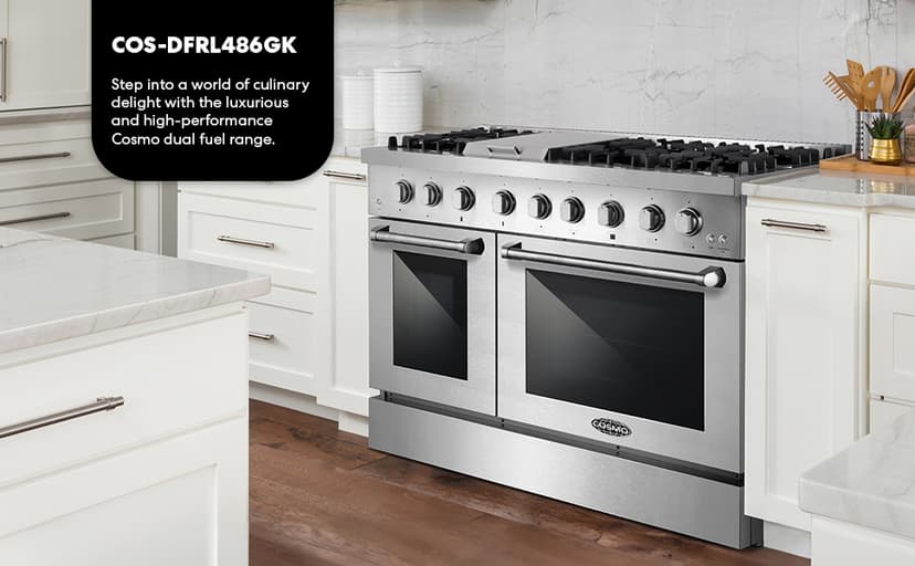 Cosmo COS-DFRL486GK 48 in. Lumin Collection 6.7 cu. ft. Double Oven Dual Fuel Range with 6 Sealed Burners, Rapid Convection, Stainless Steel