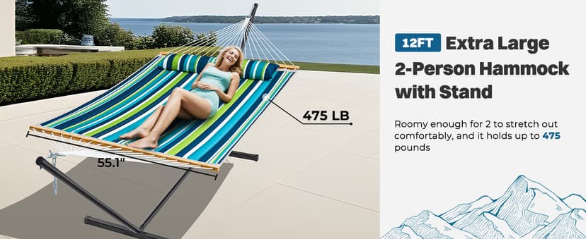 SUPERJARE Hammock with Stand, 2 Person Quilted Outdoor Hammock, Detachable Pillow & Bamboo Spreaders, Portable Hammock with Carrying Bag, Heavy Duty Stand, Perfect for Outside, Patio, Dark Cyan