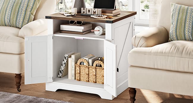 HOOBRO Farmhouse End Table with Charging Station, 23.6" Large End Tables for Living Room, Sofa Side Table with Barn Door, Wooden Square Nightstand Bedside Table, Flip Top, White and Walnut WH601UBZ01