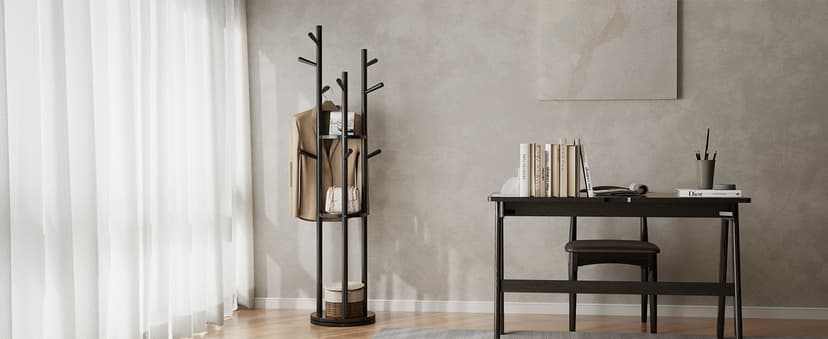 KungFuWood Coat Rack, Solid Wood Rotary Coat Rack Stand, Freestanding Coat Rack with 3 Shelves and 9 Hooks, Sturdy and Easy to Assemble Coat Tree for Entryway, Bedroom, Coats, Bags (Black)