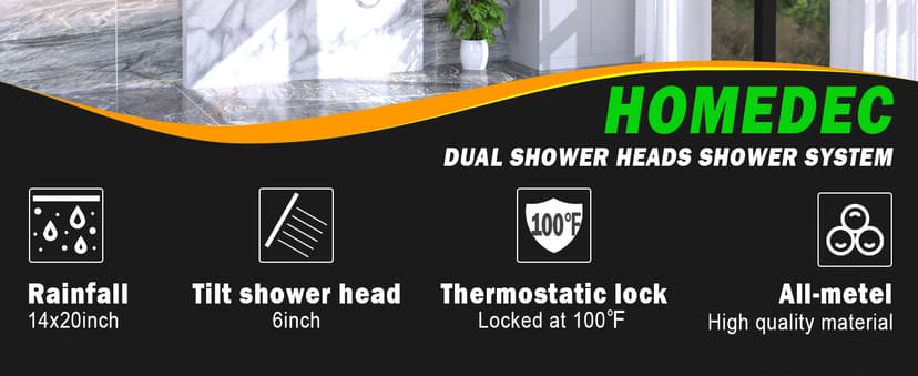 HOMEDEC Double Shower Heads Full Body Shower System with 6pcs Body Jets, 3-in-1 Function 14x20inch and 6inch Showerheads, Rainfall Shower System, Black