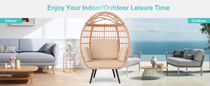 ZENPETIO Oversized Egg Chair, Indoor Outdoor Lounger with 4 UV Resistant Cushions, Storage Bag, All-Weather Wicker Egg Lounger Chair for Patio, Backyard, Living Room, 370lbs Capacity - Brown