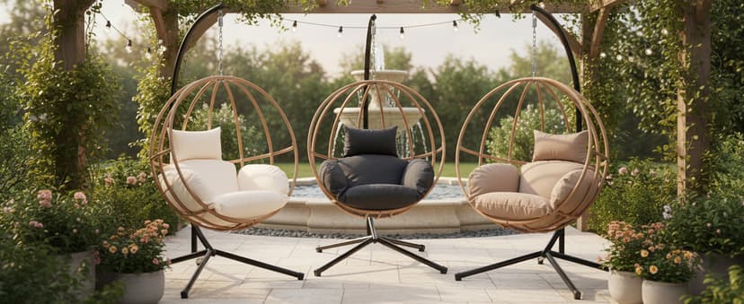 Double Egg Chair Outdoor, Egg Swing Chair with Stand, Hanging Egg Chair Outdoor with Cushions/Headrest, 80" H Hanging Chairs with Stand Indoor, Metal Basket Swing Egg Chairs for Deck, Khaki