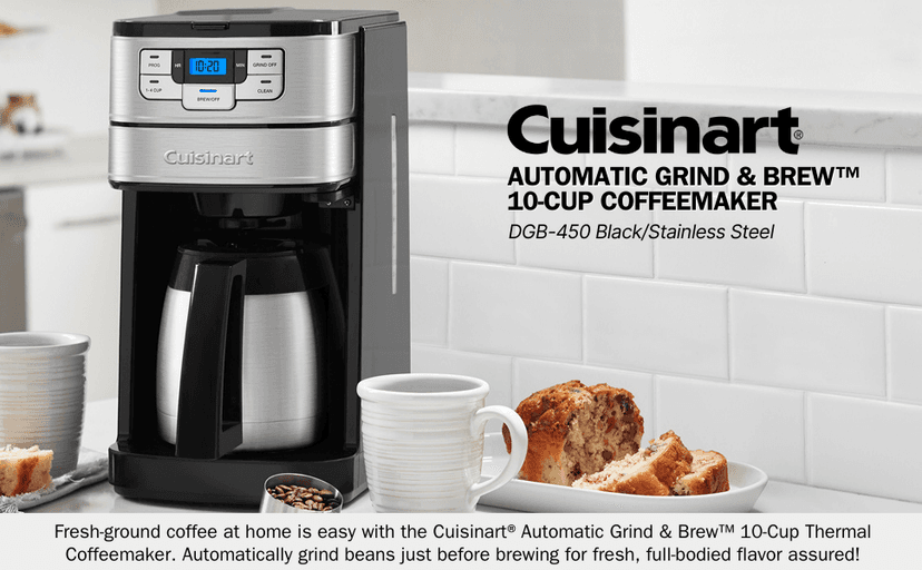 Cuisinart 10 Cup Coffee Maker with Grinder, Automatic Grind & Brew, Black/Silver, DGB-450NAS