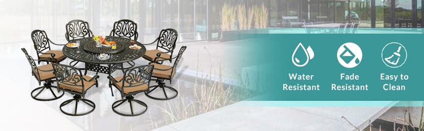 MEETWARM Outdoor 9-Piece Patio Dining Set, All-Weather Cast Aluminum Patio Conversation Set- 8 Cushioned Swivel Rocker, 61" Round Patio Dining Table w/Detachable Lazy Susan/Umbrella Hole, Dark Bronze