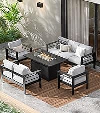 Wisteria Lane Patio Furniture Aluminum Sofa, All-Weather Outdoor 3 Seats Couch, Black Metal Chair with Light Grey Cushions