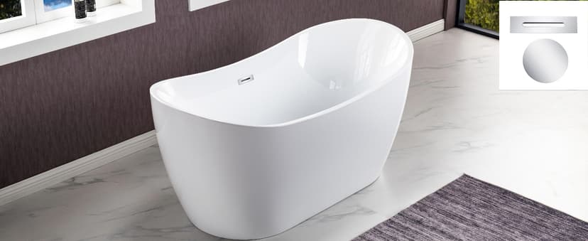 WOODBRIDGE 59" Acrylic Freestanding Bathtub Contemporary Soaking White Tub with Matte Black Overflow and Drain,B0016 -MB-Drain &O