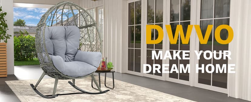 DWVO Wicker Rocking Egg Chair, Oversized Indoor Outdoor Rattan Rocking Chair, Indoor Outdoor Lounger for Patio, Backyard, Living Room, Light Gray