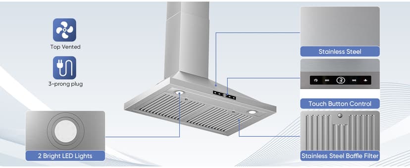 Wall Mount Range Hood 30 inch, 580 CFM, Ducted/Ductless Convertible, Stainless Steel Kitchen Vent Hood with 3-Speed Fan and LED Lights