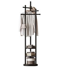 KungFuWood Coat Rack, Solid Wood Rotary Coat Rack Stand, Freestanding Coat Rack with 3 Shelves and 9 Hooks, Sturdy and Easy to Assemble Coat Tree for Entryway, Bedroom, Coats, Bags (Black)