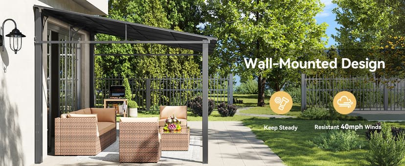 Aoxun 10' x 14' Lean to Gazebo, Upgraded Hardtop Outdoor Pergola with Sloping Galvanized Steel Roof, Large Wall-Mounted Heavy Duty Awnings for Patio, Backyard, Deck, Porch