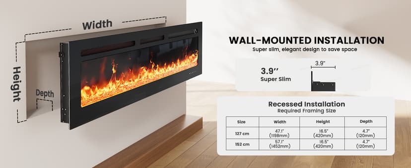Silonn 50″Smart Electric Fireplace Heater with App & Remote Control, 5300 BTU Heat Output, Ultra-Slim Wall-Mounted or Recessed Electric Fireplace Inserts with Timer, 20 Flame Colors,WiFi Enabled