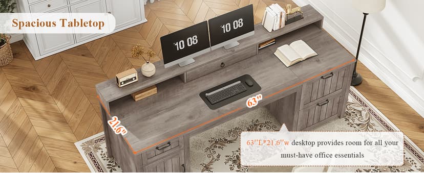 SEDETA Farmhouse 63" Executive Desk, Wood Computer Desk with Drawers and Storage Cabinet, Home Office Desk with File Drawer and Monitor Stand, Wood Desk for Work Study Writing, Grey