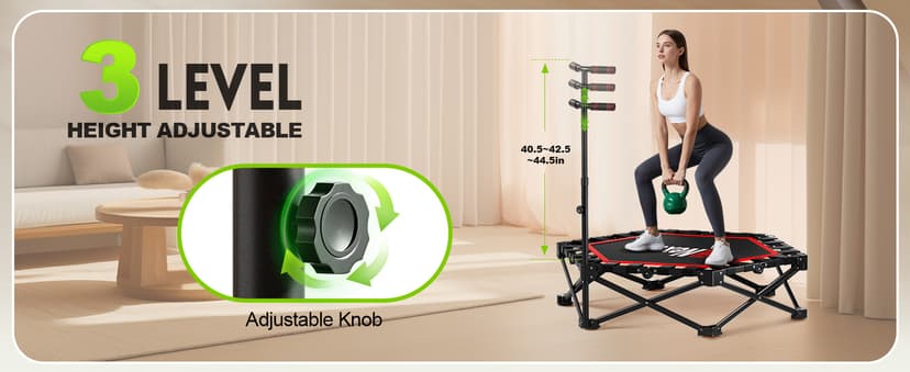 42" Foldable Mini Trampoline- 450lb Capacity Fitness Rebounder w/3-Level Adjustable T-Bar, Adults Workout Trampoline, Non-Slip Pad | Foldable Design for Home/Gym