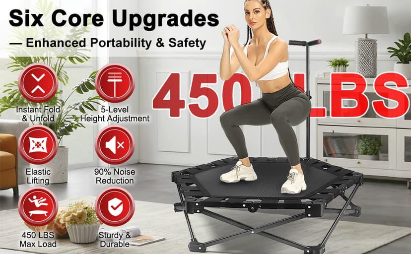 Foldable Mini Trampoline — One-Step Fold & Open, 42" Rebounder Trampoline for Adults & Kids, 450lbs Max Load, Adjustable T-Bar, Indoor & Outdoor Workout