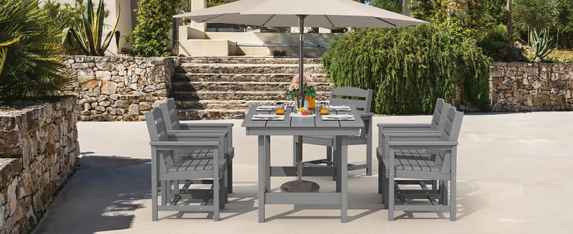 SERWALL Outdoor HDPE Dining Table Set, 7-Piece Outdoor Dining Table Sets with Umbrella Hole Cut-Out Table and 6 Chairs, Gray