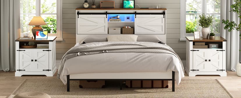 HOOBRO Farmhouse End Table with Charging Station, 23.6" Large End Tables for Living Room, Sofa Side Table with Barn Door, Wooden Square Nightstand Bedside Table, Flip Top, White and Walnut WH601UBZ01