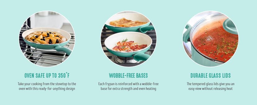 GreenLife Soft Grip 16 Piece Cookware Set, Non-Toxic PFAS-Free Ceramic Nonstick, Pots, Frying, Sauce, Saute, Glass Lids, Stay-Cool Handles, Wobble Free Bases, Dishwasher & Oven Safe, Turquoise