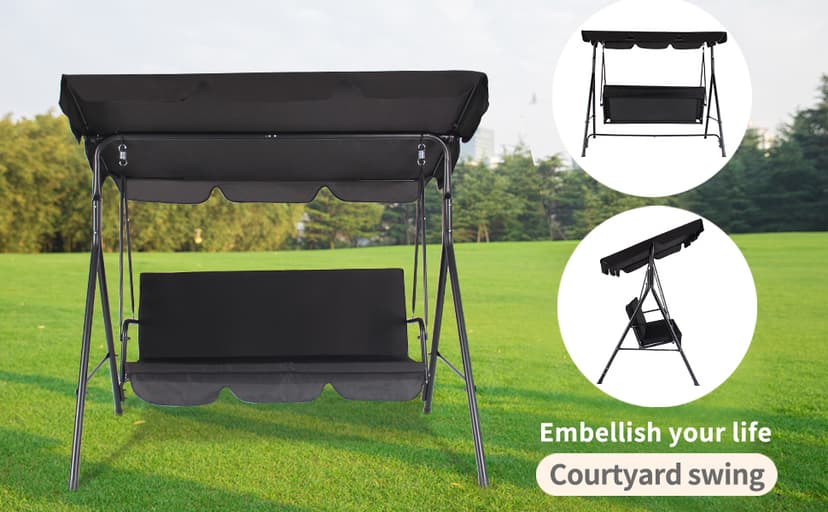 3-Seat Patio Swing Chair,Outdoor Porch Swing with Adjustable Canopy and Durable Steel Frame for Patio, Garden, Poolside (Black)