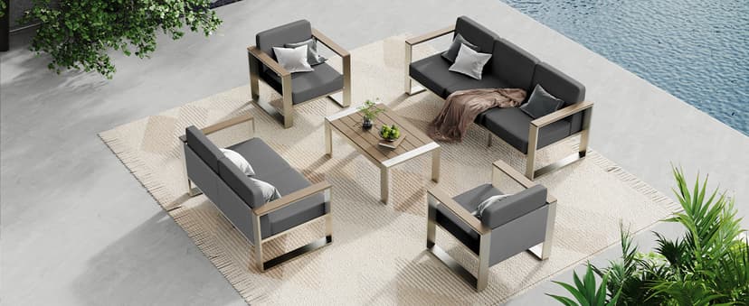 Outdoor Furniture Set, 4 Piece Aluminum Patio Furniture Set with Coffee Table, Wide Seat and Thick Cushions, Outdoor Patio Conversation Sets for Deck, Porch (LightGray)