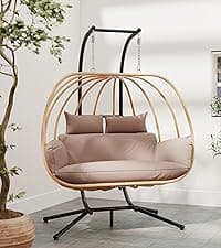 Double Egg Chair Outdoor, Egg Swing Chair with Stand, Hanging Egg Chair Outdoor with Cushions/Headrest, 80" H Hanging Chairs with Stand Indoor, Metal Basket Swing Egg Chairs for Deck, Khaki