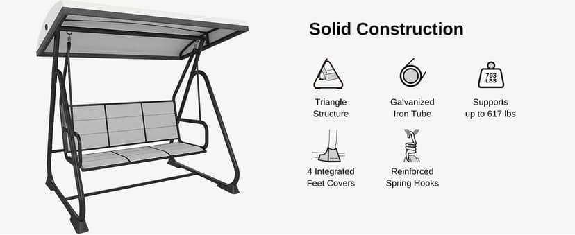 EAST OAK 3-Person Outdoor Patio Swing Chair with Adjustable Canopy, Porch Swing with Comfortable and Breathable Seats, Outdoor Swing Chairs for Garden, Balcony, Backyard, Charcoal Black