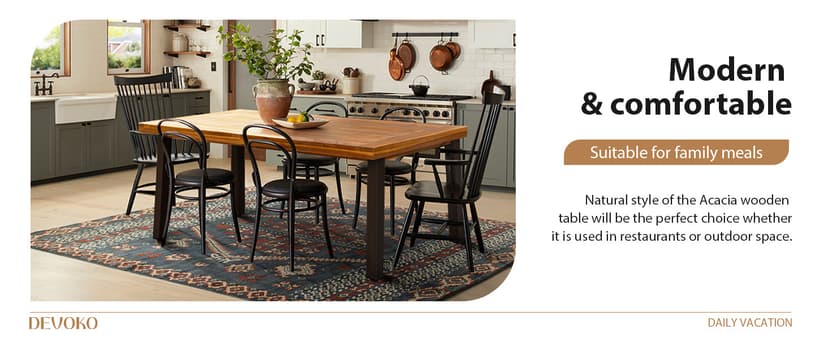 Devoko Home Acacia Wood Dining Table 6-Person Indoor Outdoor Table with Iron Legs, Sandblast Finish, Natural Stained, Rustic Metal, 69 * 33 * 30 inch (Natural)