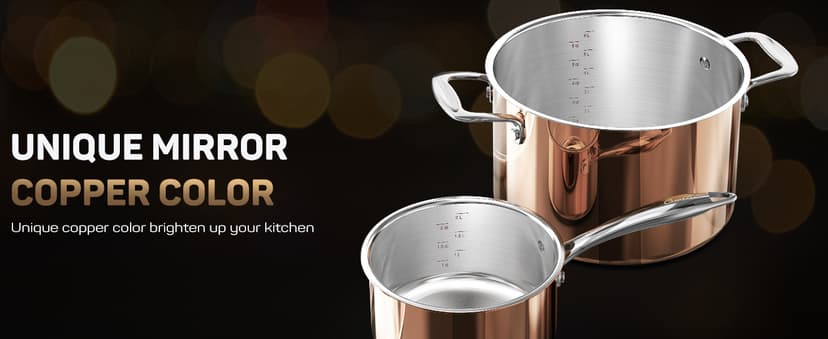 Whole Tri-ply 18/10 Stainless Steel Pot and Pan Set (10 Piece), Copper Pots and Pans Set with Stainless Steel Lid, Induction Cookware Set, Include Stock Pot, Saucepan, Frying Pan - Copper