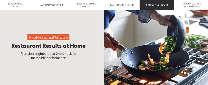 GreenPan Carbon Steel Wok 14”, Flat Bottom, Durable Stir-Fry Pan, Pre-Seasoned Nonstick Patina, High Heat Retention, Induction, Ash Wood Handle, Kyoto, Black