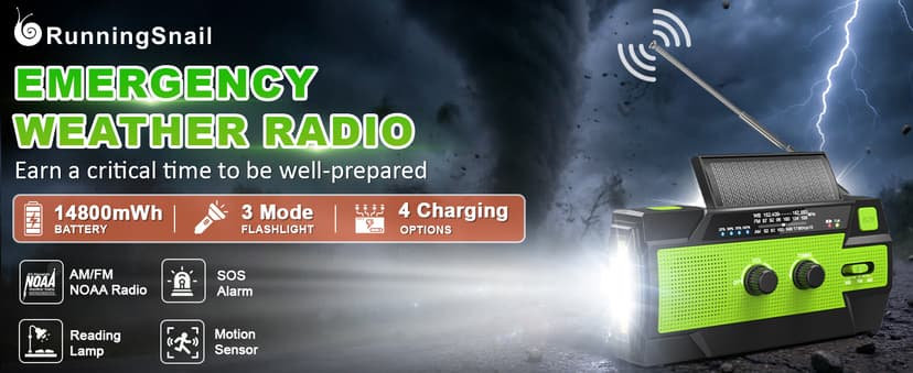 Emergency Crank Weather Radio, 14800mWh Solar Hand Crank Portable AM/FM/NOAA Weather Radio with 1W 3 Mode Flashlight & Reading Lamp, Cell Phone Charger, SOS for Home and Emergency