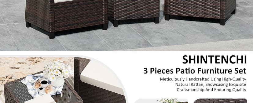 Shintenchi 3 Pieces Patio Furniture Set 3 Pieces PE Rattan Wicker Chairs with Table Outdoor Furniture for Backyard/Garden/Poolside/Outdoor Restaurant Brown Rattan with White Cushion