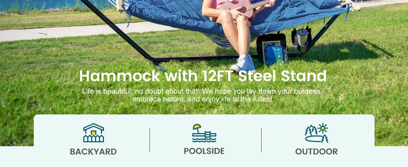 ANOW Double Hammock with Stand Included, Rope Hammock with Detachable Pillow and Pad for Outdoors Indoors, 450 LBS Weight Capacity, Blue