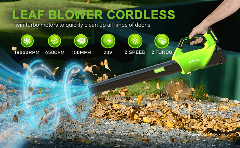 2025 Upgrade Leaf Blower, Leaf Blower Cordless with 2*2.6AH Batteries and Fast Charger, 450CFM &150MPH and 2 Speed Mode, Lightweight Electric Leaf Blowers for Lawn,Yard, Leaves, Dust,Snow Care(Green)