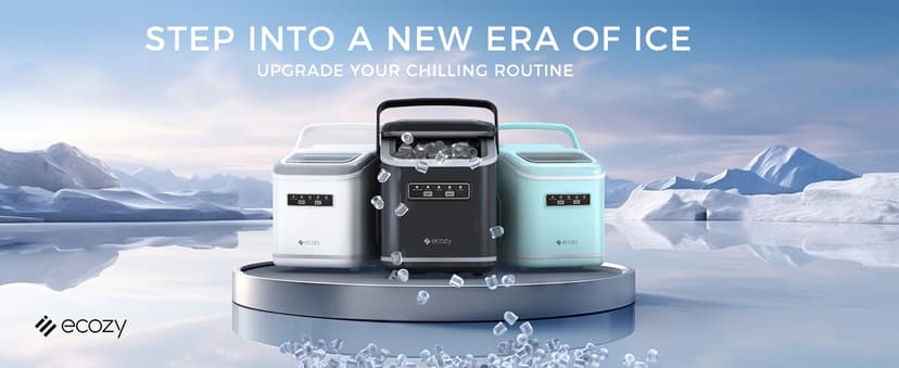 Ecozy Countertop Ice Maker, Portable, Self-Cleaning, 9 Bullet Ice Cubes in 6 Mins, 26lbs/24Hrs, Ice Maker Machine with Ice Bags, Handle, Standing Scoop and Basket, Black, IM-BS261C