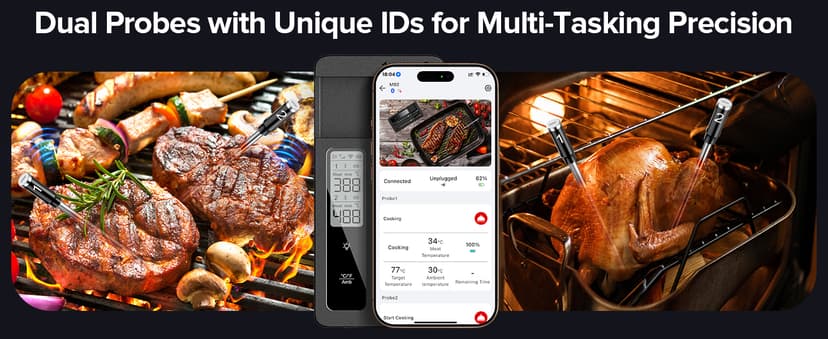 Smart Wireless Meat Thermometer with Dual Probes, Bluetooth & WiFi Combo, High Precision & Fast Response for BBQ, Grill, Smoker, Oven, Air Fryer