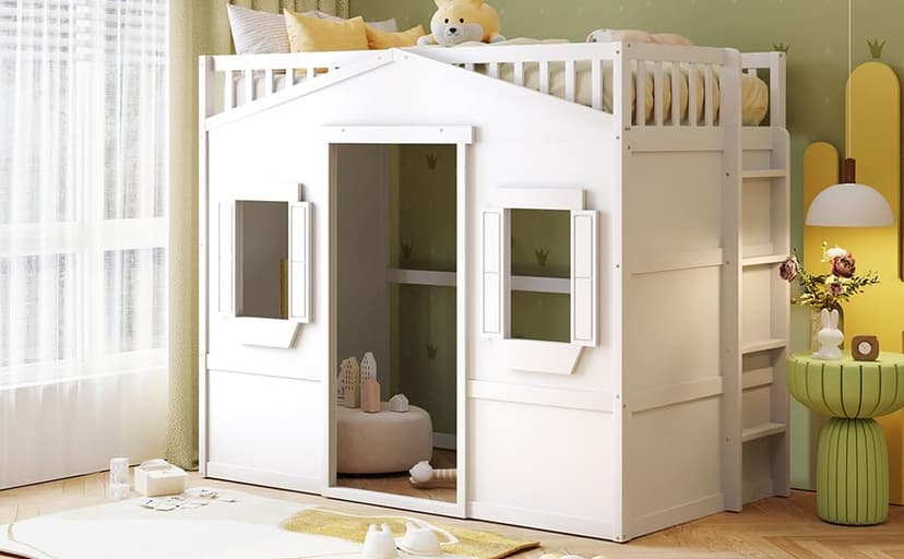 Merax Twin Size Wood Loft Bed, House Bed Frame with Ladder and Safety Guardrails for Kids, No Box Spring Needed, White