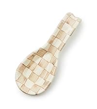 MACKENZIE-CHILDS Enamel Whistling Tea Kettle, Decorative Teapot for Stovetop, Brown-and-White Mocha Check