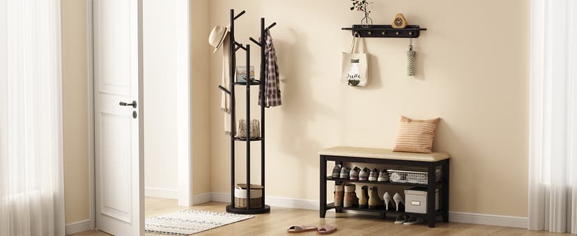 KungFuWood Coat Rack, Solid Wood Rotary Coat Rack Stand, Freestanding Coat Rack with 3 Shelves and 9 Hooks, Sturdy and Easy to Assemble Coat Tree for Entryway, Bedroom, Coats, Bags (Black)