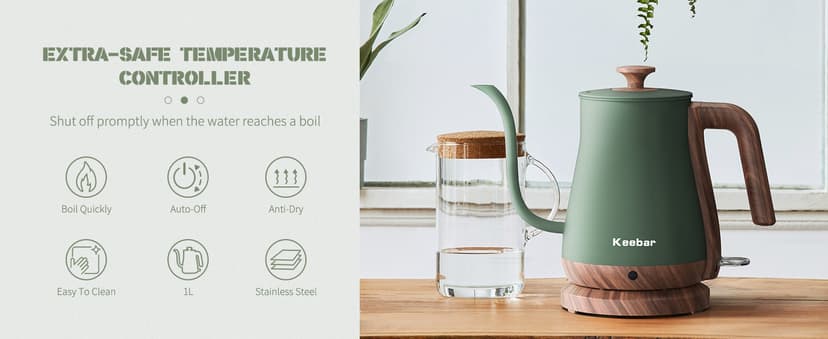 Gooseneck Electric Kettle, Electric Tea Kettle Stainless Steel, Pour over kettle for Coffee, 1000W Hot Water Kettle Electric Auto Shut Off, 0.8L, Wood-like Grain Finish Handle, Matcha Green